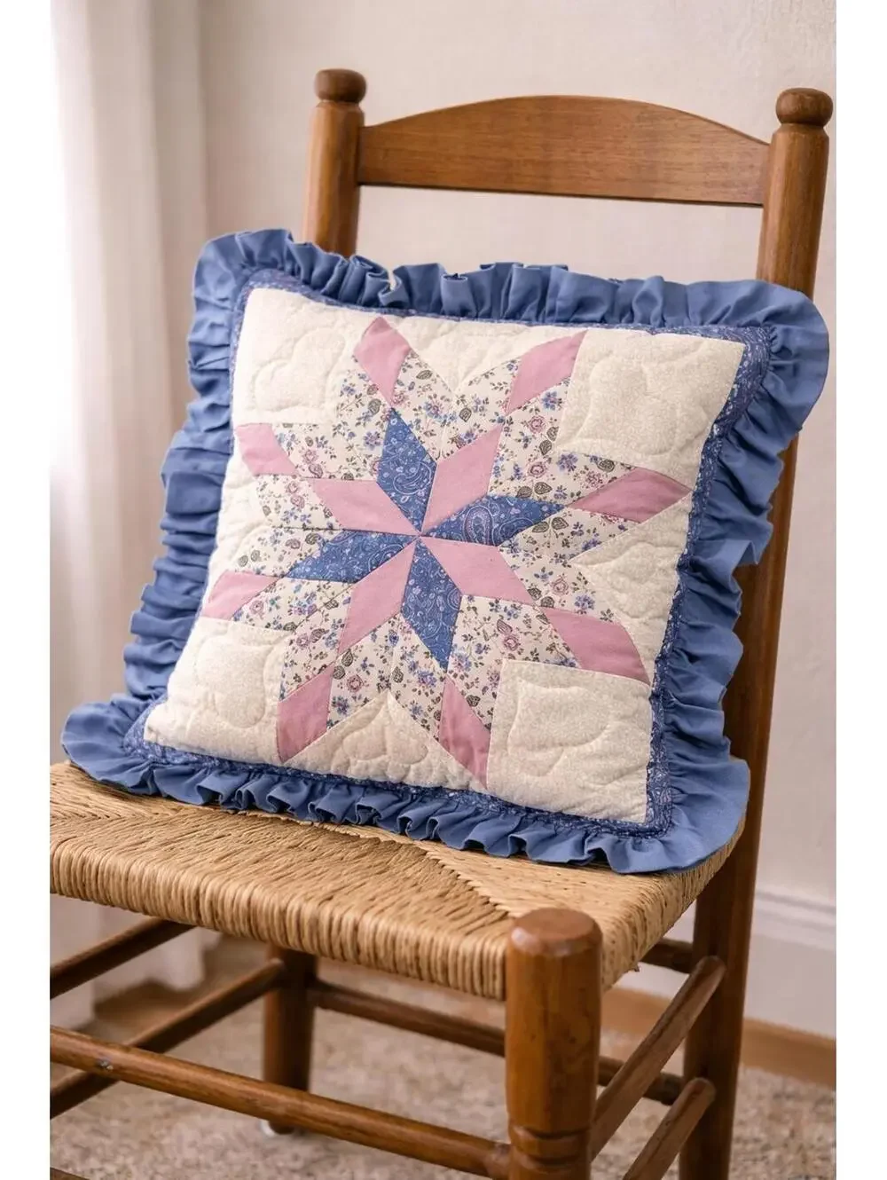Handmade Quilted Decorative Throw Pillow with Ruffled Edges 18 Inch